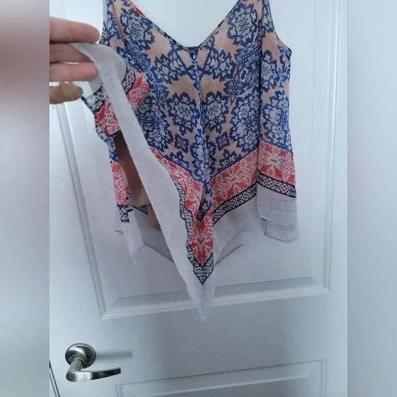 BCBGMaxAzria Kassidee high-low blue/Red, Flowy Sleeveless Spaghetti Blouse S: XS - Picture 8 of 16